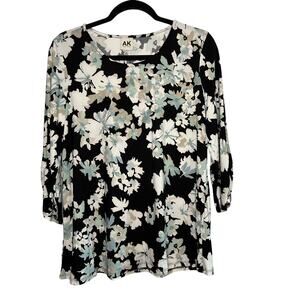 ANN KLEIN PETITE Black Teal White 3/4 Ruched Sleeve Round Neck Top Size PL